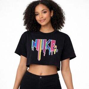 Nike Crop Top Streetwear Black Multi-Color Drip Graphic Raw Hem XL Sporty Tee